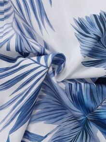 Franclia Palm Leaf Print Shirt Dress, Waist Cinched Slimming Commute Casual Dress, Retro Tropical Plant Print Holiday Essential - Blue - View 5