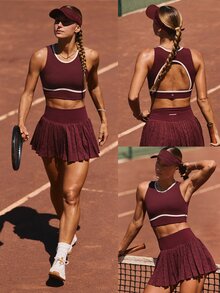 GLOWMODE FeatherFit™-Sculpt Sweat-Wicking Stretchy Contrast Stripe Ribbed Underbust Open Back Sports Bra With Built-In Cups Medium Impact Training Tennis Golf Daily Active Wear - Burgundy - View 8