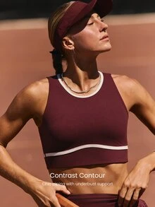 GLOWMODE FeatherFit™-Sculpt Sweat-Wicking Stretchy Contrast Stripe Ribbed Underbust Open Back Sports Bra With Built-In Cups Medium Impact Training Tennis Golf Daily Active Wear - Burgundy - View 2