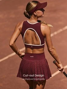 GLOWMODE FeatherFit™-Sculpt Sweat-Wicking Stretchy Contrast Stripe Ribbed Underbust Open Back Sports Bra With Built-In Cups Medium Impact Training Tennis Golf Daily Active Wear - Burgundy - View 3