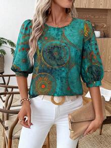 SHEIN LUNE 女士休闲通勤印花灯笼袖衬衫 - 彩色 - 查看 7