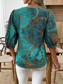 SHEIN LUNE 女士休闲通勤印花灯笼袖衬衫 - 彩色 - 查看 2
