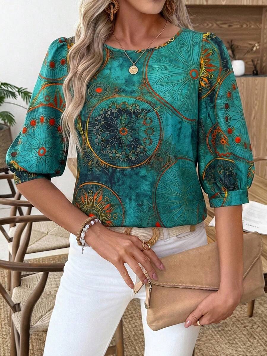 SHEIN LUNE 女士休闲通勤印花灯笼袖衬衫 - 彩色 - 查看 1