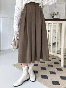 DAZY 女款春夏秋冬休閒優雅百褶長裙 - 摩卡棕 - 查看 3