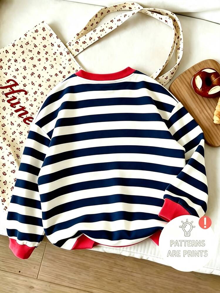 Girls Casual Striped Crew Neck Sweatshirt, Cute Cherry Letter Print Long Sleeve Pullover Top, Children Loose Comfortable Daily Crew Neck Top, College Style Autumn/Winter Fashion Outfit, Simple Contrast Color Ribbed Cuffs, Young GirlVersatile Kids Top American Vintage Striped - Multicolor - View 2