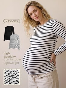 Modmama Maternity Casual Básica Baggy Smart Versatile Black And White Colorblock Round Neck Long Sleeve T-Shirt Fall Formal Photoshoot Vacation - Multicolor - View 1