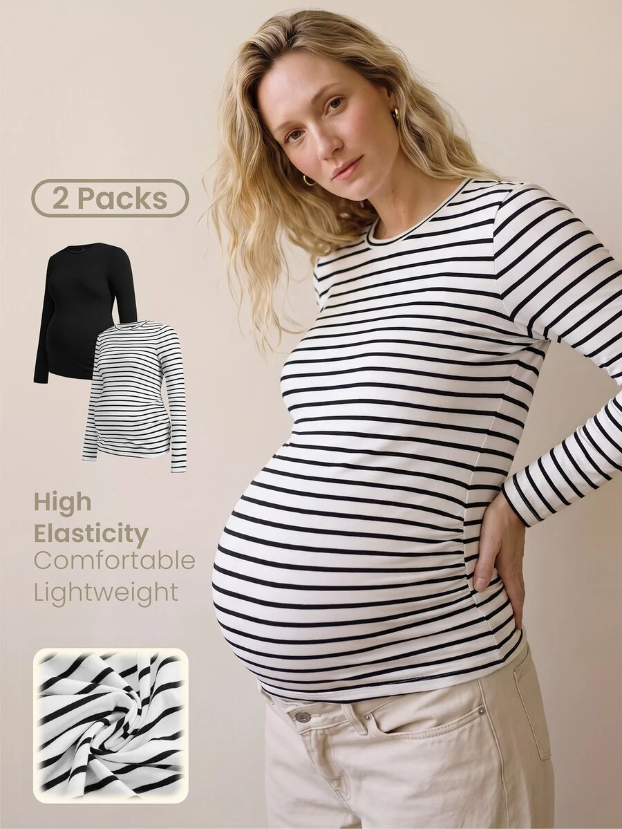 Modmama Maternity Casual Básica Baggy Smart Versatile Black And White Colorblock Round Neck Long Sleeve T-Shirt Fall Formal Photoshoot Vacation - Multicolor - View 1