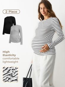 Modmama Maternity Casual Básica Baggy Smart Versatile Black And White Colorblock Round Neck Long Sleeve T-Shirt Fall Formal Photoshoot Vacation - Multicolor - View 2