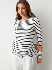 Modmama Maternity Casual Básica Baggy Smart Versatile Black And White Colorblock Round Neck Long Sleeve T-Shirt Fall Formal Photoshoot Vacation - Multicolor - View 3