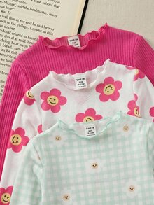 LMoss Kids مجموعة ملابس علوية شتوية كاجوال للبنات الرضع 3 قطع محبوكة بلون سادة ونقشة زهور وياقة مكشكشة، 6 عناصر، 3 قطع عشوائية - متعدد الألوان - مشاهدة 4