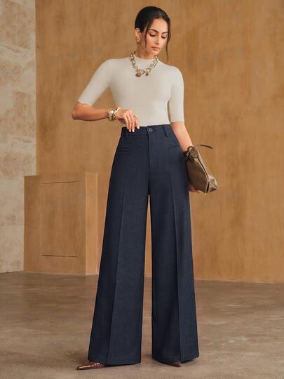 Anewsta Women's Autumn/Winter Elegant High-Waist Cinched Waist Structured Tailored Pressed Crease Floor-Length Loose Straight Wide Leg Pants