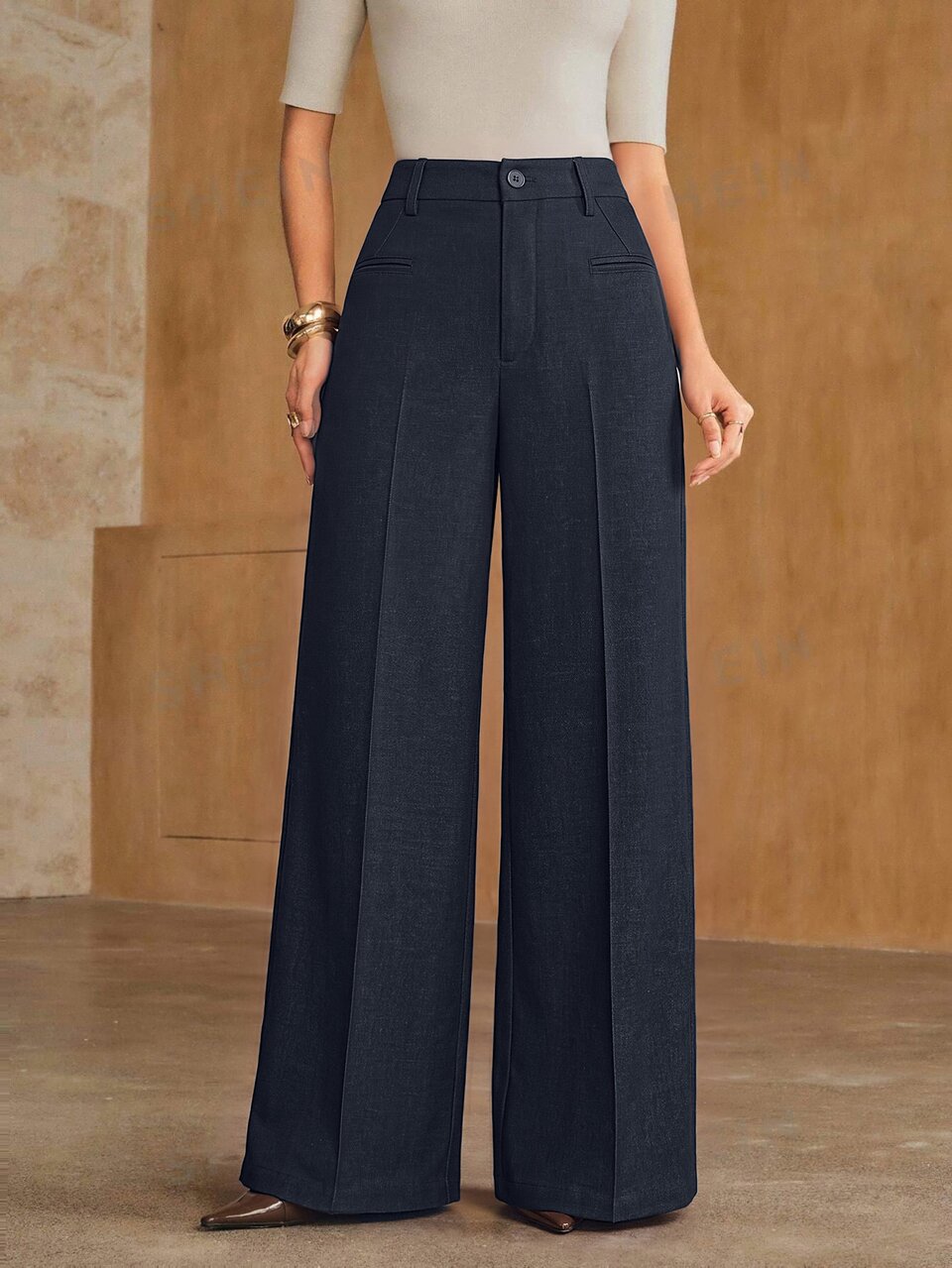 Anewsta Women's Autumn/Winter Elegant High-Waist Cinched Waist Structured Tailored Pressed Crease Floor-Length Loose Straight Wide Leg Pants