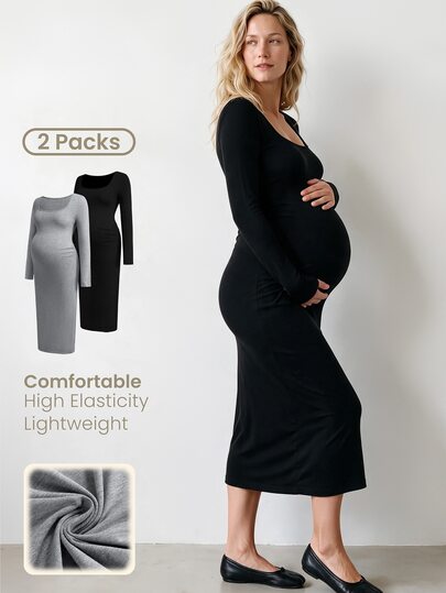 Modmama 2pcs Solid Color Casual Versatile Long Sleeve Fitted Maternity Dress Fall