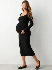 Modmama 2pcs Solid Color Casual Versatile Long Sleeve Fitted Maternity Dress Fall - Multicolor - View 3