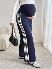SHEIN 孕婦側條紋寬腿寬鬆休閒運動長褲 - 藏蓝色 - 查看 4