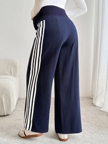 SHEIN 孕婦側條紋寬腿寬鬆休閒運動長褲 - 藏蓝色 - 查看 2