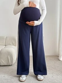 SHEIN 孕婦側條紋寬腿寬鬆休閒運動長褲 - 藏蓝色 - 查看 5