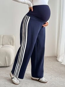 SHEIN 孕婦側條紋寬腿寬鬆休閒運動長褲 - 藏蓝色 - 查看 6
