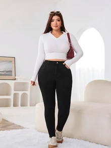 Solflare Plus Size Women's Black Thick Denim Jeans, Autumn/Winter - Black - View 6