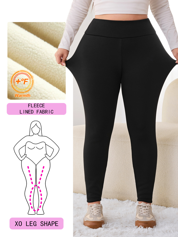 Solflare Plus Size Autumn/Winter Casual Versatile Thermal Lined Leggings - Black - View 2