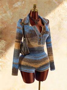 Amplova Women's Colorblock Casual Daily Knit Romper - Blue - View 1