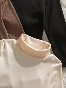 SHEIN 少女純色高領長袖休閒百搭T恤 - 彩色 - 查看 5