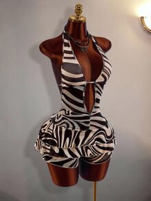 Amplova Women's All-Over Print Casual Daily Wear Halter Neck Romper - Brown - View 12