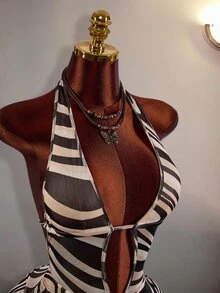 Amplova Women's All-Over Print Casual Daily Wear Halter Neck Romper - Brown - View 6