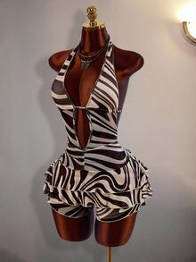 Amplova Women's All-Over Print Casual Daily Wear Halter Neck Romper - Brown - View 11