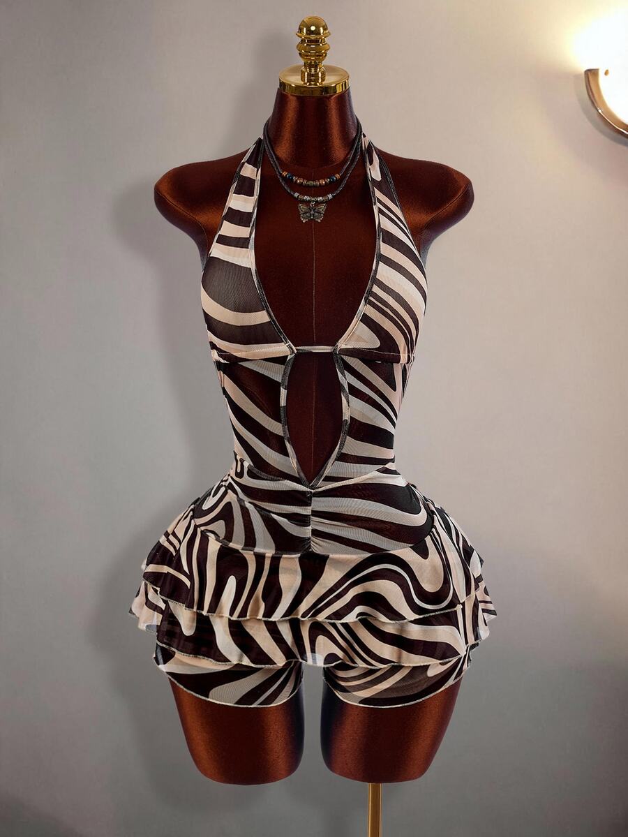Amplova Women's All-Over Print Casual Daily Wear Halter Neck Romper - Brown - View 1