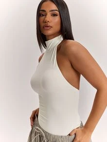 SHEIN BAE 女款純白色休閒掛脖露背性感實用小立領連身衣（內建胸墊），適合休閒通勤、日常穿著、通勤穿搭，白色連身衣，返校季穿搭，白色胸墊連身衣 - 白色 - 查看 5