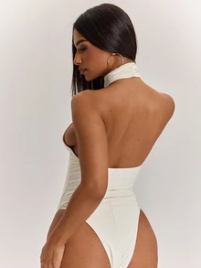 SHEIN BAE 女款純白色休閒掛脖露背性感實用小立領連身衣（內建胸墊），適合休閒通勤、日常穿著、通勤穿搭，白色連身衣，返校季穿搭，白色胸墊連身衣 - 白色 - 查看 2