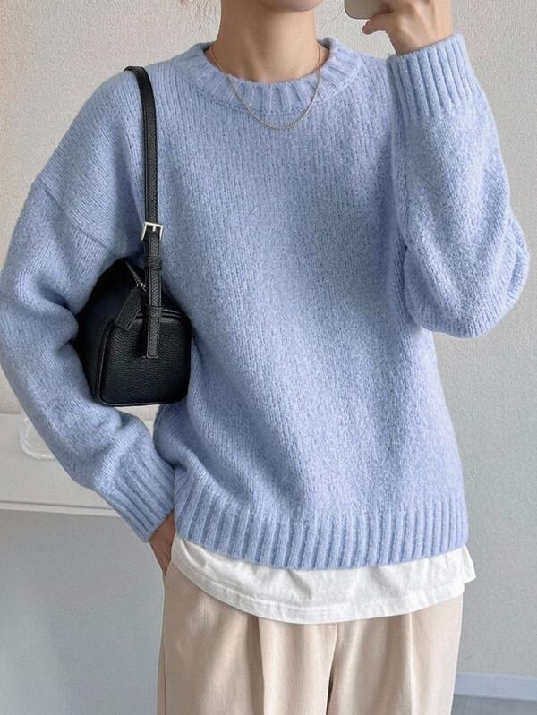 DAZY Solid Drop Shoulder Sweater,Long Sleeve Tops,Fall Clothes