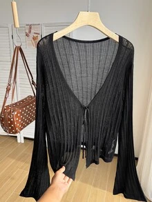 Comfortcana Plus Size Solid Color Hollow Knit Bell Sleeve Cropped Cardigan Fall - Black - View 2