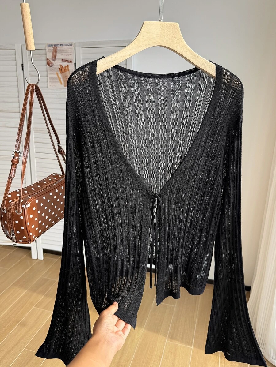 Comfortcana Áo cardigan dáng ngắn tay chuông dệt kim rỗng màu trơn size lớn cho mùa thu - màu đen - Xem 1