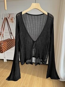 Comfortcana Plus Size Solid Color Hollow Knit Bell Sleeve Cropped Cardigan Fall - Black - View 1
