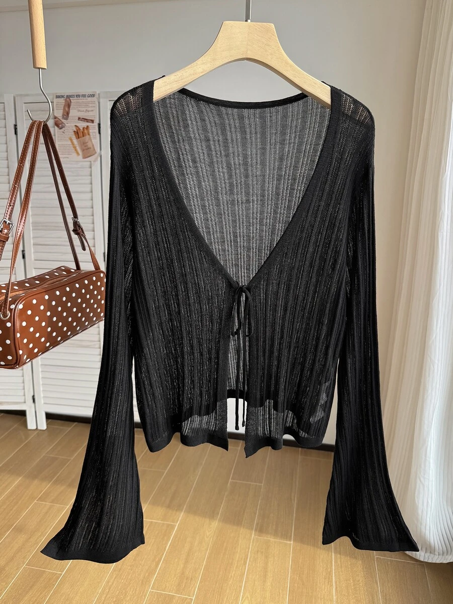 Comfortcana Plus Size Solid Color Hollow Knit Bell Sleeve Cropped Cardigan Fall - Black - View 1