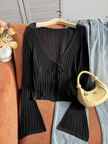 Comfortcana Plus Size Solid Color Hollow Knit Bell Sleeve Cropped Cardigan Fall - Black - View 4