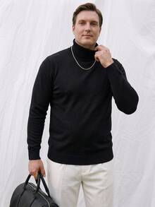 Manfinity CityGents 大码男士纯色厚针织休闲套头长袖厚毛衣，秋冬保暖，外出穿着 - 黑色 - 查看 1
