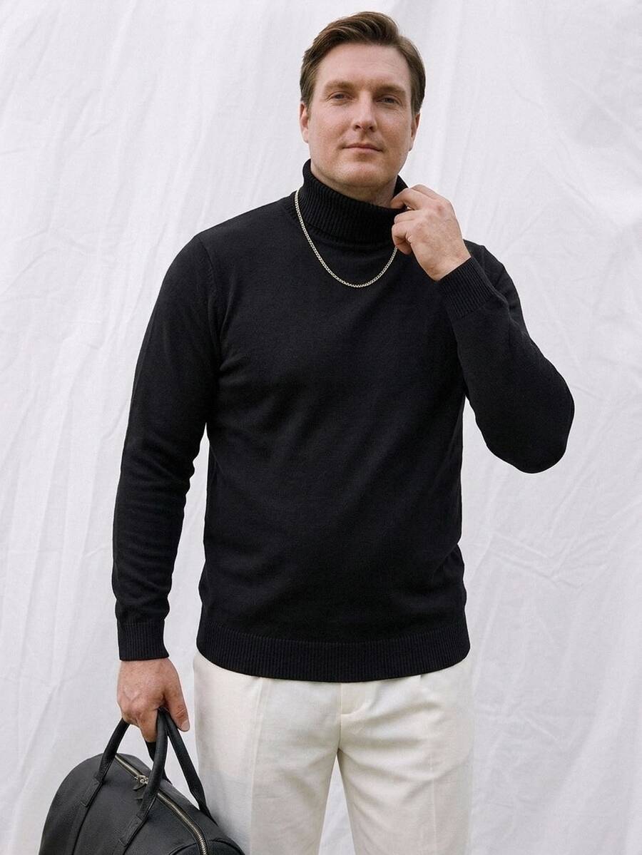 Manfinity CityGents 大码男士纯色厚针织休闲套头长袖厚毛衣,秋冬保暖,外出穿着 - 黑色 - 查看 1