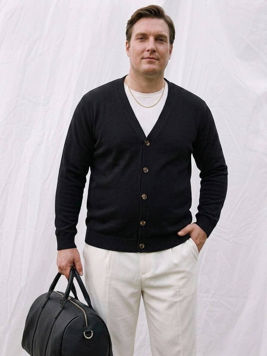 Manfinity Homme 大码男士休闲宽松纯色单排扣长袖开衫，秋冬 - 彩色 - 查看 1