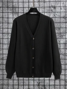 Manfinity Homme 大码男士休闲宽松纯色单排扣长袖开衫，秋冬 - 彩色 - 查看 3