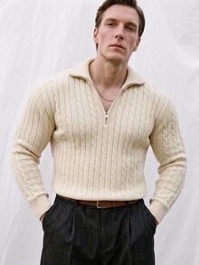 Manfinity CityGents 大码男士纯色纯色长袖半拉链领宽松休闲都市粗针织毛衣，秋冬 - 杏色 - 查看 2