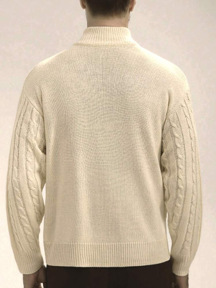 Manfinity CityGents Plus Size Men's Solid Color Plain Long Sleeve Half Zip Neck Loose Casual Urban Cable Knit Sweater, Autumn/Winter - Apricot - View 4