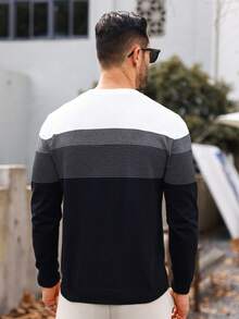Marcello Vane Men's Plus Size Crew Neck Color Block Striped Print Casual Pullover Sweater, For Fall Winter, Long Sleeve Top - Black - View 3