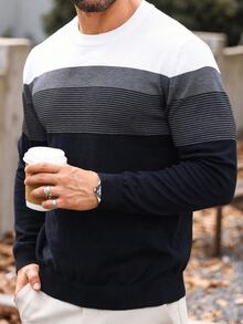 Marcello Vane Men's Plus Size Crew Neck Color Block Striped Print Casual Pullover Sweater, For Fall Winter, Long Sleeve Top - Black - View 2