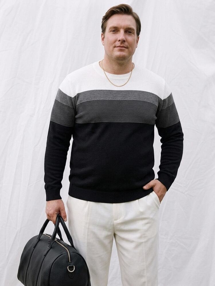 Manfinity CityGents Men's Plus Size Crew Neck Color Block Striped Print Casual Pullover Sweater, For Fall Winter, Long Sleeve Top - Black - View 1