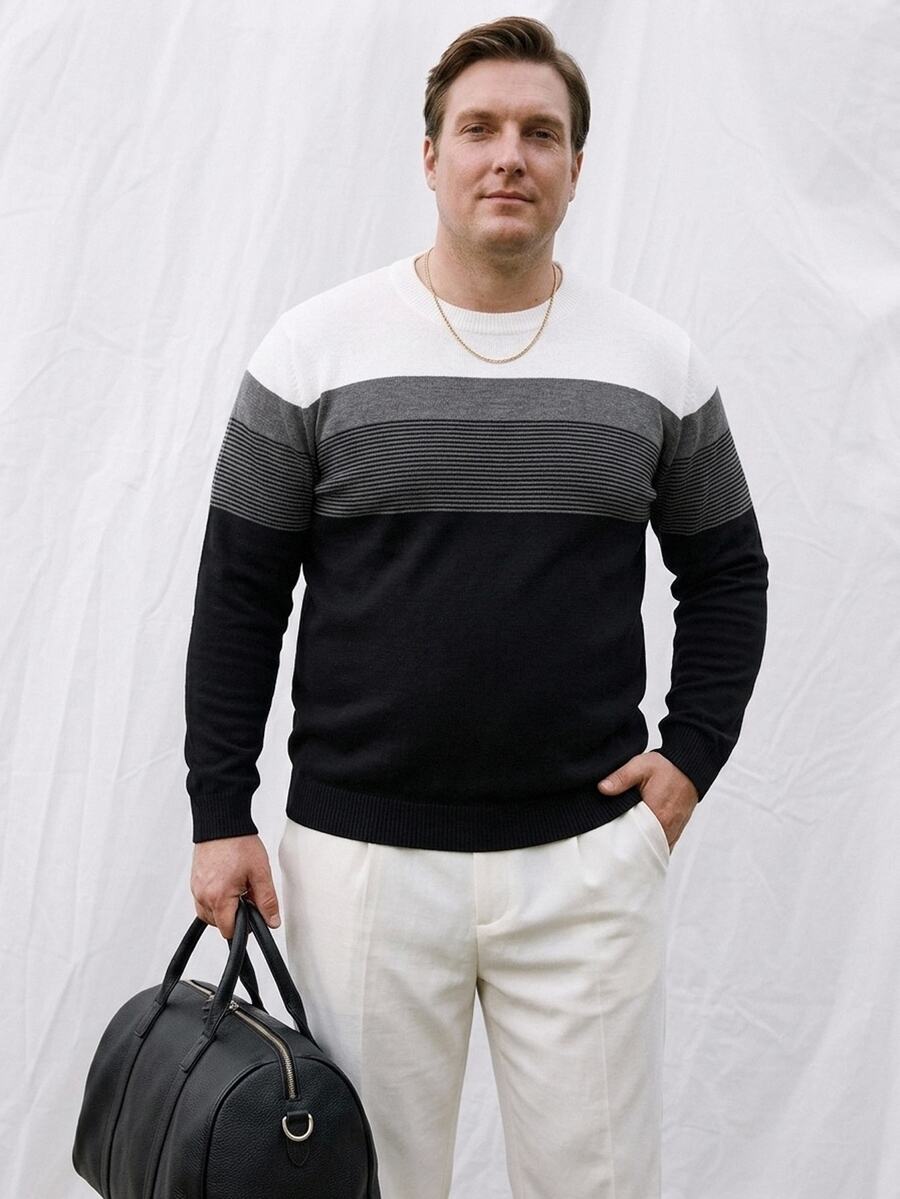 Marcello Vane Men's Plus Size Crew Neck Color Block Striped Print Casual Pullover Sweater, For Fall Winter, Long Sleeve Top - Black - View 1