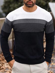 Marcello Vane Men's Plus Size Crew Neck Color Block Striped Print Casual Pullover Sweater, For Fall Winter, Long Sleeve Top - Black - View 4