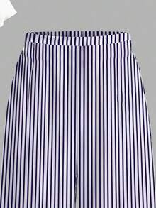 復古時尚街頭風迷你 Logo 圖案休閒條紋長褲，女孩子休閒時尚立領收腰抓皺 T-shirt 上衣搭配寬鬆長褲 2 件套，適合日常穿著、街拍、出遊、度假、返校 - 彩色 - 查看 5